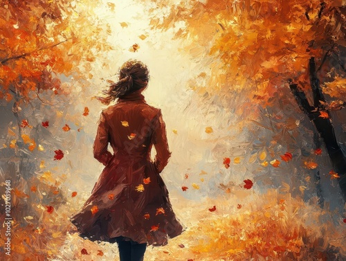 woman gracefully strolling through a vibrant autumn park, surrounded by golden and crimson leaves falling gently around her. the scene is bathed in warm sunlight, capturing the essence of the season