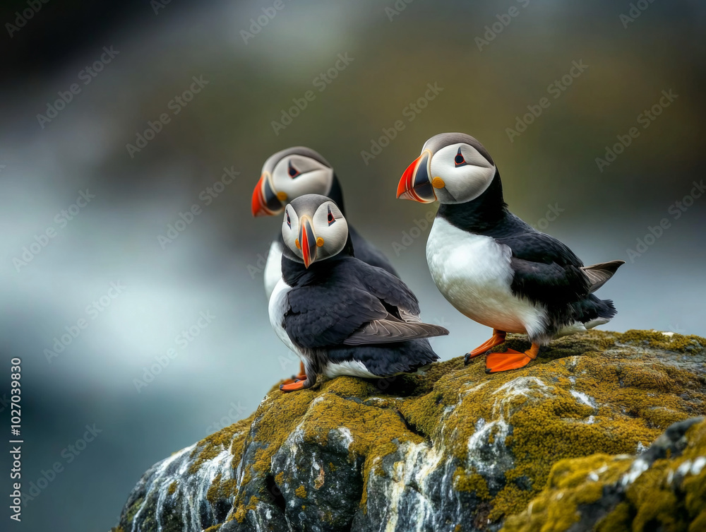 Fototapeta premium Puffins perched on a mossy rock along the coastline during a tranquil afternoon
