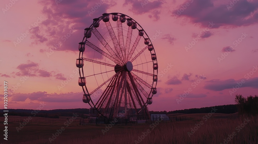 Giant Ferris wheel silhouetted against a pink sunset sky, with scenic fields rolling beneath it. No people. Giant Ferris wheel silhouetted against a pink sunset sky, with scenic fields rolling beneath it. No people.