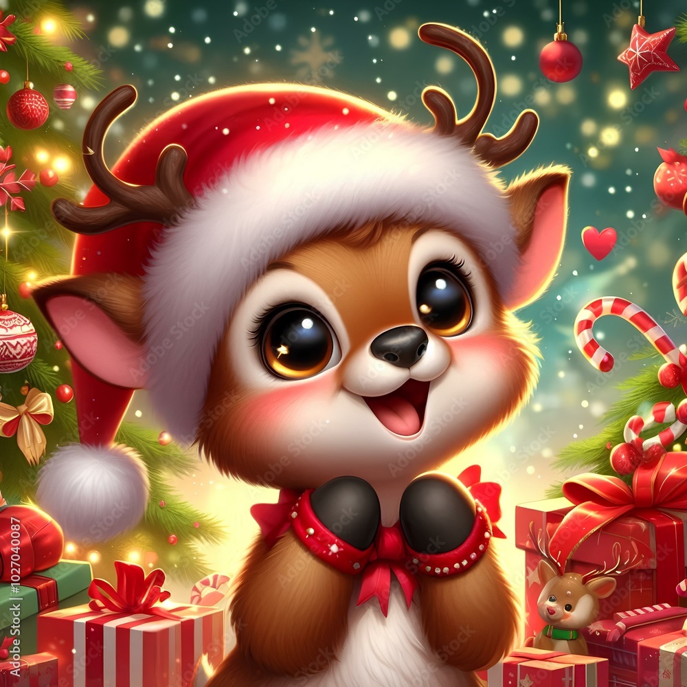 adorable christmas reindeer in festive red cap spreading holiday cheer and joy digital painting. adorable christmas reindeer in festive red cap spreading holiday cheer and joy digital painting.