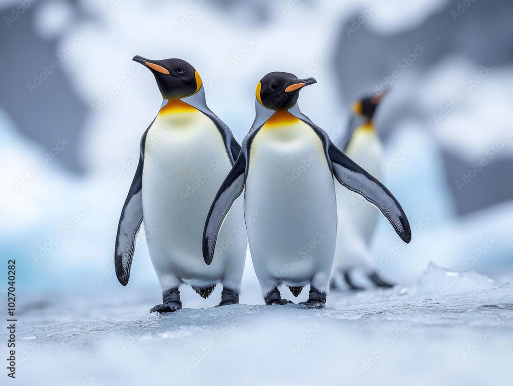 Fototapeta premium Penguins waddling gracefully along an ice shelf in a stunning arctic landscape