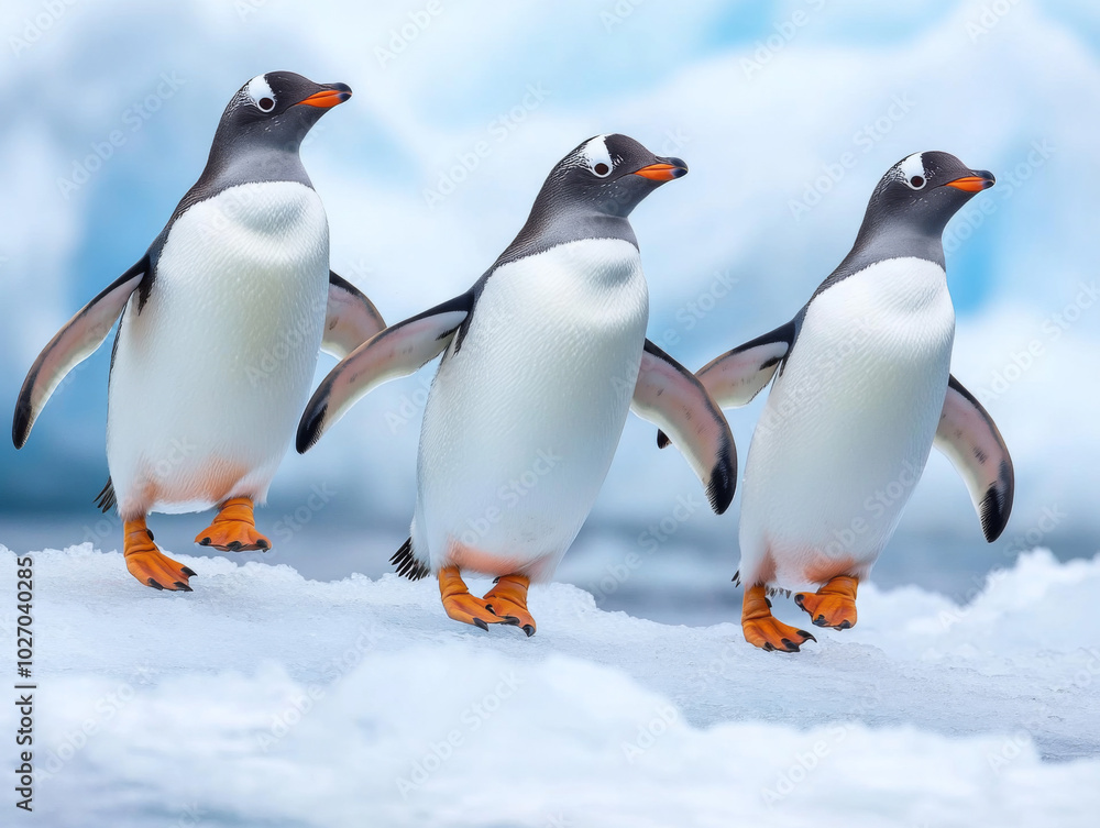 Fototapeta premium Gentoo penguins walking on ice shelf in a pristine Arctic landscape
