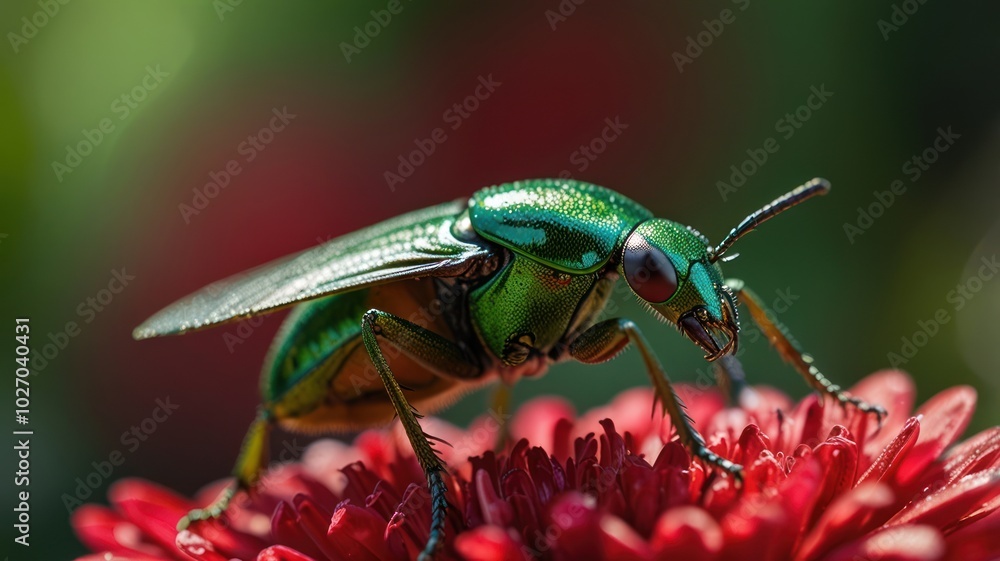 Fototapeta premium A close-up of a green beetle with iridescent wings perched on a red flower.