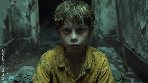 A Boy's Haunting Gaze: A Portrait of Fear and Innocence