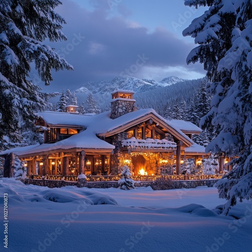 A cozy cabin nestled in a snowy forest with a warm fire glowing inside.