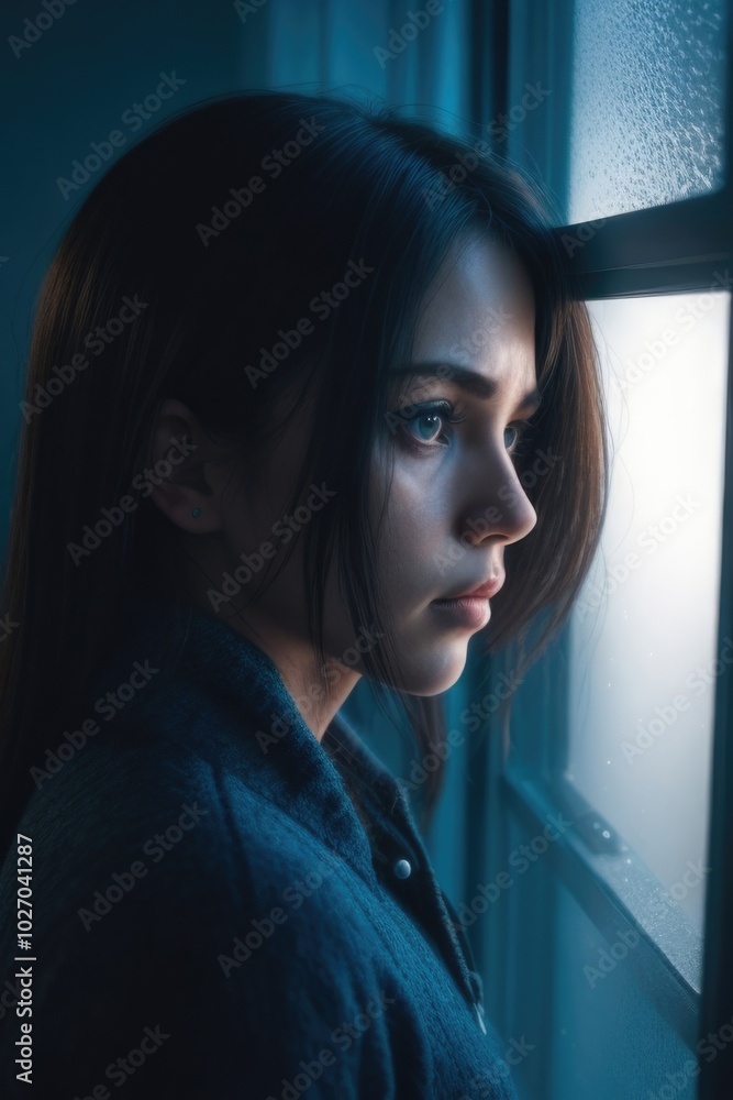 Depressed lonely young woman looking through the window Depressed lonely young woman looking through the window
