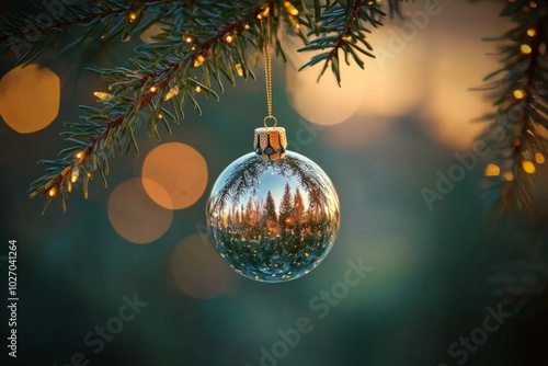 A beautiful Christmas ornament hanging from a pine branch with bokeh lights