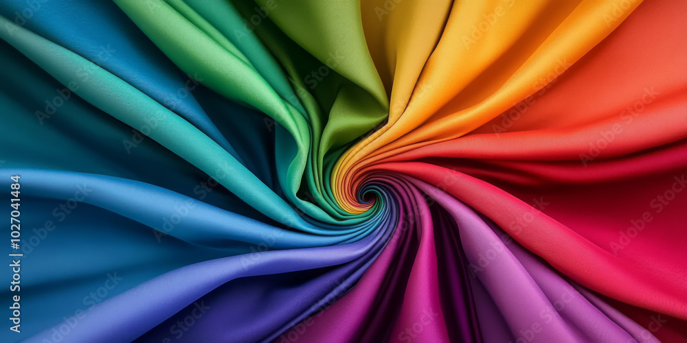 Colorful spectrum of fabric folds spiraling in a dynamic textile display Colorful spectrum of fabric folds spiraling in a dynamic textile display