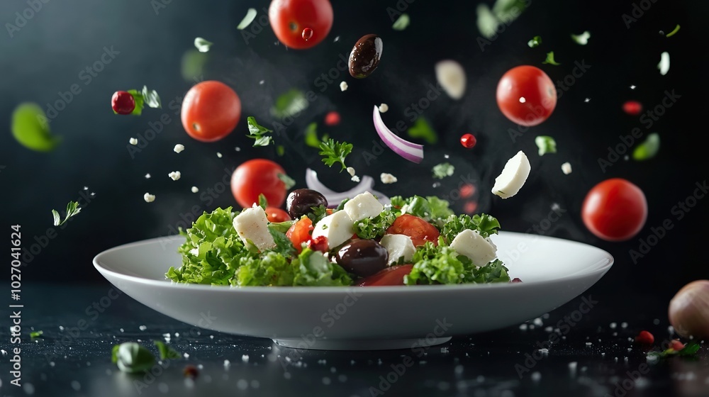 A white plate with salad and floating in the air ingredients: olives, lettuce, onion, tomato, mozzarella cheese, parsley, basil and olive oil. Black background. A white plate with salad and floating in the air ingredients: olives, lettuce, onion, tomato, mozzarella cheese, parsley, basil and olive oil. Black background.