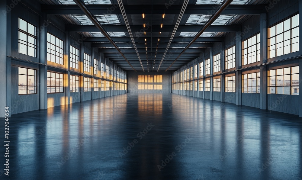 An empty industrial warehouse with large windows and a polished concrete floor. Sunlight shines through the windows, creating a bright and spacious atmosphere. An empty industrial warehouse with large windows and a polished concrete floor. Sunlight shines through the windows, creating a bright and spacious atmosphere.