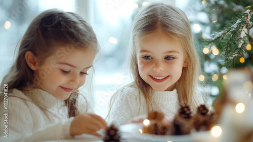 Two little girls enjoy decorating a Christmas table in a cozy living room