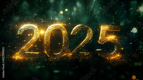 Golden 2025 with particles on a dark green backdrop for New Year!