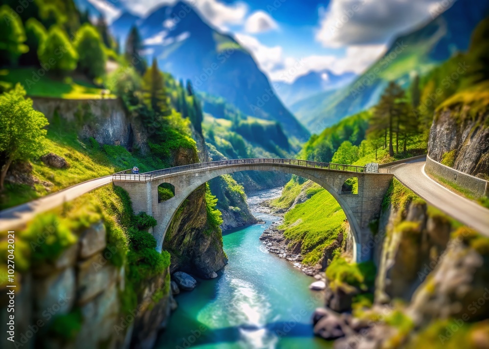 Fototapeta premium Stunning Tilt-Shift View of Devil's Bridge in Switzerland - Scenic Landscape Photography