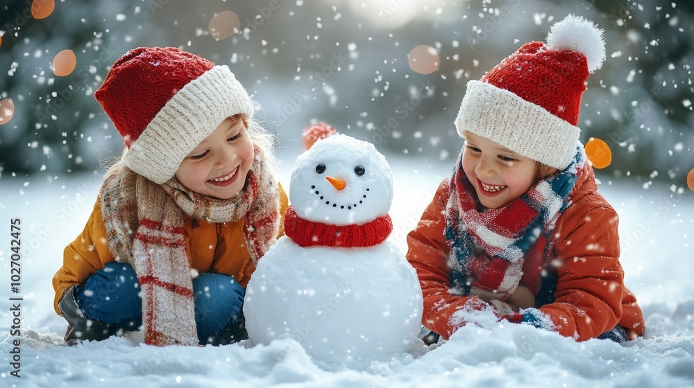 Children playing in the snow, building a snowman with Christmas decorations in the background, clean background--C100 Children playing in the snow, building a snowman with Christmas decorations in the background, clean background--C100