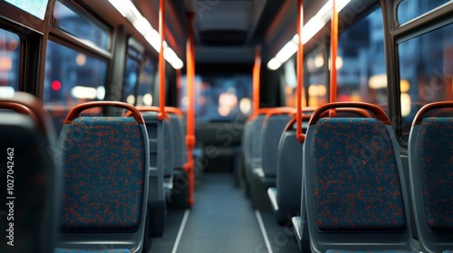 A bus with empty seats and a red pole photo