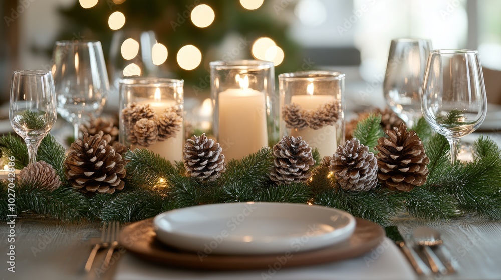 Christmas table setting with candles and pine cones clean background--C100 Christmas table setting with candles and pine cones clean background--C100
