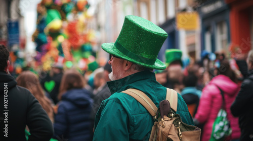 Celebrating St. Patricks Day, man in green top hat enjoys festive atmosphere among crowd adorned in vibrant colors. joy and excitement of parade are palpable