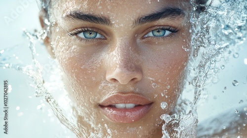 Close-up of a woman's face with splashing water, capturing natural beauty, freshness, and the fluidity of life.