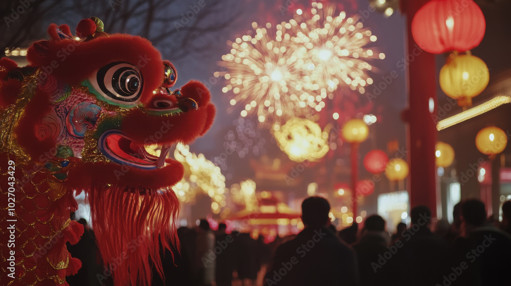 Fototapeta premium Celebrating Chinese New Year in Beijing, vibrant dragon dance captivates crowd amidst dazzling fireworks and colorful lanterns, creating festive atmosphere