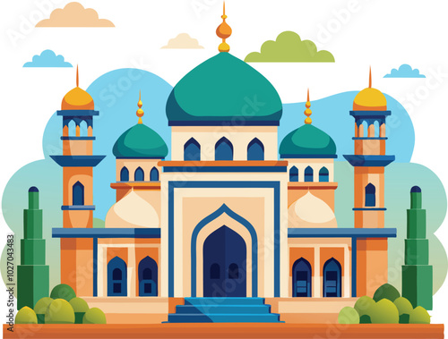 Stunning Mosque Vector Illustration, Vibrant Islamic Architecture Art, mosque vector illustration,