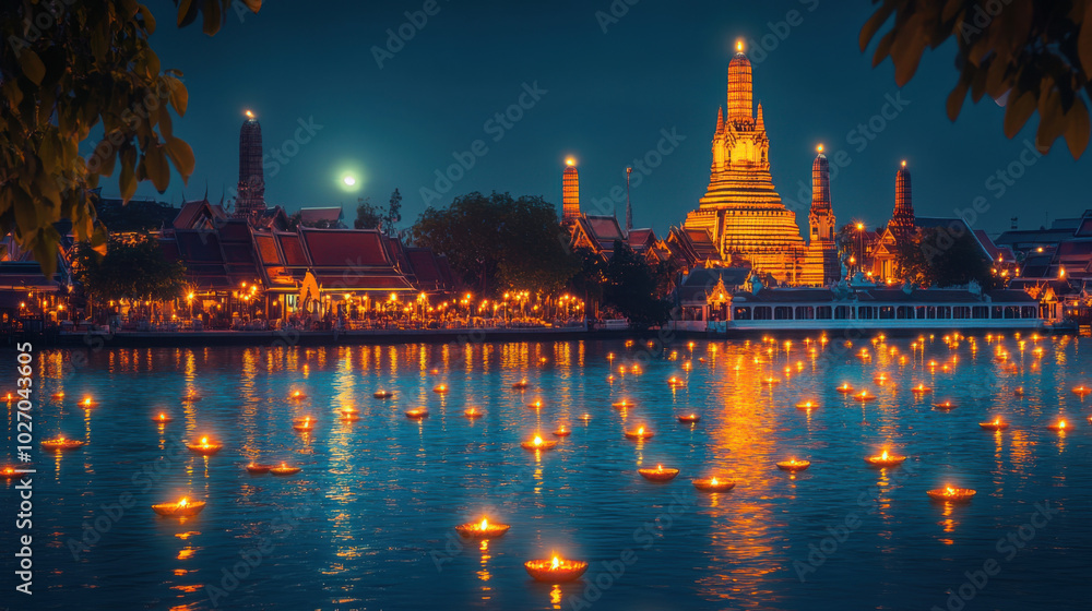 Fototapeta premium serene beauty of night scene in Thailand, featuring illuminated lanterns floating on water, with stunning temple backdrop. atmosphere is magical and tranquil