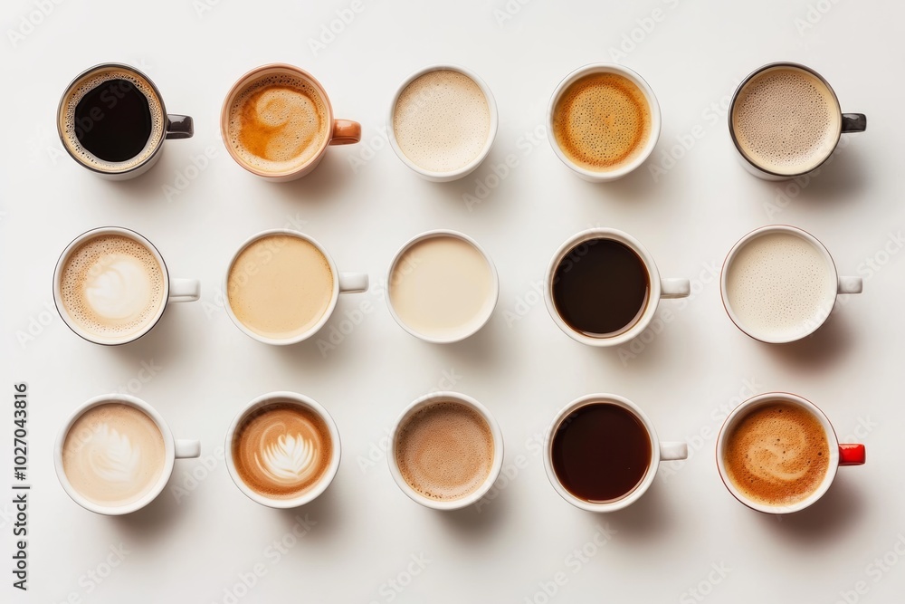An overhead shot of fifteen mugs of coffee in various types and colors, arranged in a grid pattern on a white background. An overhead shot of fifteen mugs of coffee in various types and colors, arranged in a grid pattern on a white background.