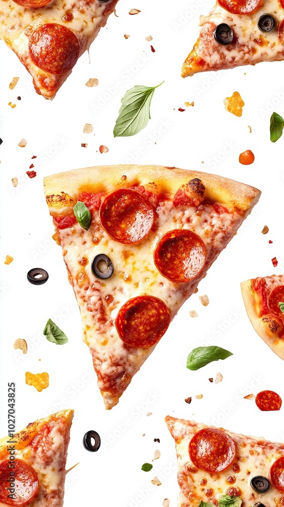 Pizza slices flying, isolated on white background. Delicious peperoni pizza slices pepperonis and olives, floating pizza pieces with melting cheese with basil leaves flying. Pizza slices flying, isolated on white background. Delicious peperoni pizza slices pepperonis and olives, floating pizza pieces with melting cheese with basil leaves flying.