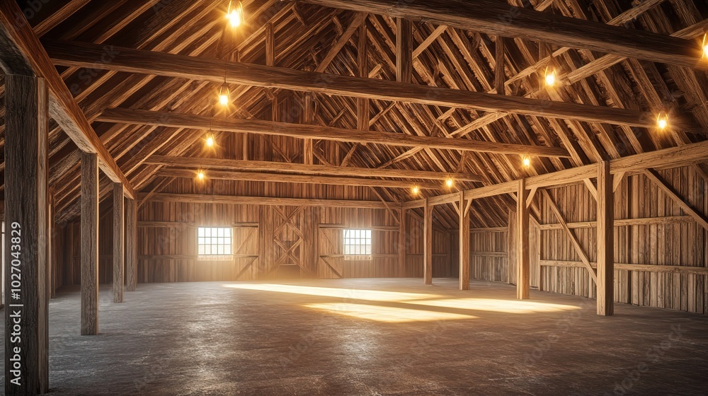 Rustic Barn Interior with Warm Lighting and Wooden Beams Rustic Barn Interior with Warm Lighting and Wooden Beams