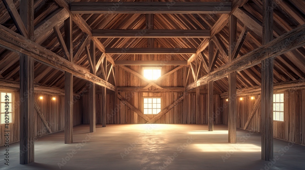 Spacious Rustic Interior with Wooden Beams and Light Spacious Rustic Interior with Wooden Beams and Light