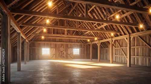 Rustic Barn Interior with Warm Lighting and Wooden Beams