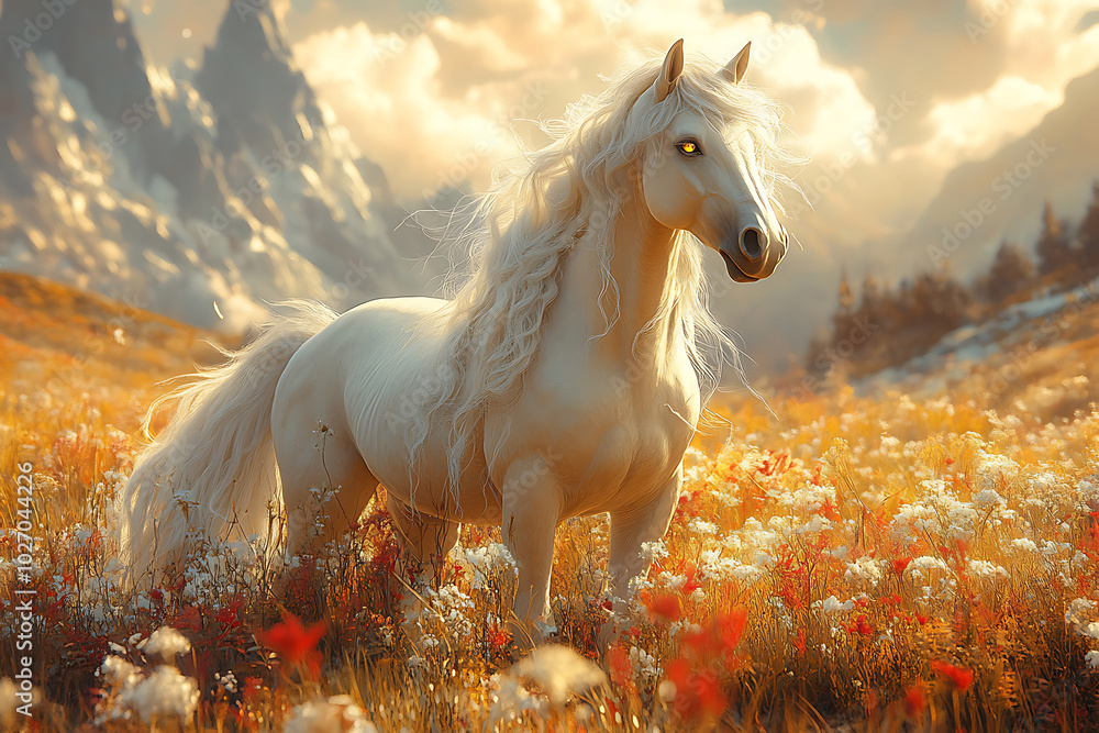Magical unicorn in dreamy meadow with soft clouds and colorful flowers. Magical unicorn in dreamy meadow with soft clouds and colorful flowers.