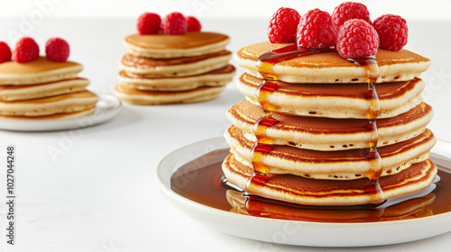 Pancake stacks with maple syrup and raspberries on white