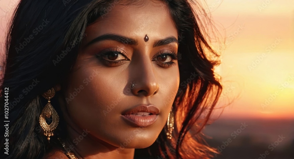 Close-up portrait of a stunning Indian woman, dark eyes, flowing black hair Close-up portrait of a stunning Indian woman, dark eyes, flowing black hair