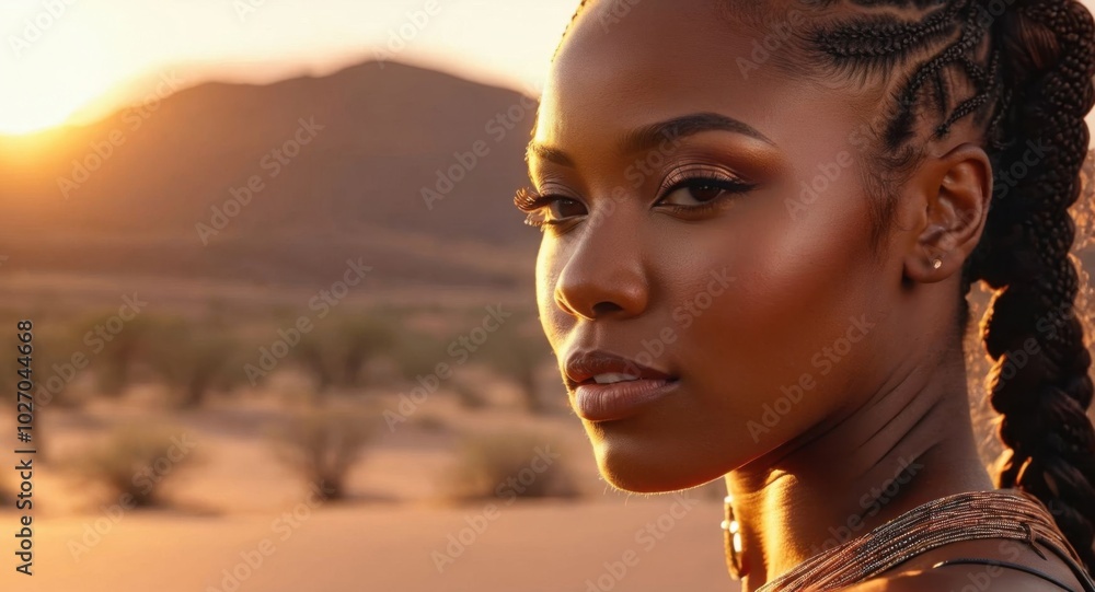 Close-up portrait of a stunning African woman, braided hair, glowing skin, sunset in the desert, cinematic lighting Close-up portrait of a stunning African woman, braided hair, glowing skin, sunset in the desert, cinematic lighting