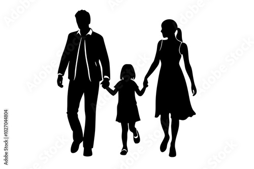 Happy young family walking outdoor holding hands | vector silhouette illustration on white background