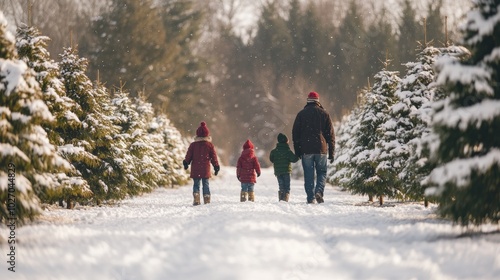 Family picking out a Christmas tree at an outdoor tree farm, snow-covered ground, and festive atmosphere, clean background--C100 photo