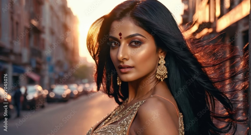 Glamorous portrait of a stunning Indian woman, long black hair, sunset in the city Glamorous portrait of a stunning Indian woman, long black hair, sunset in the city