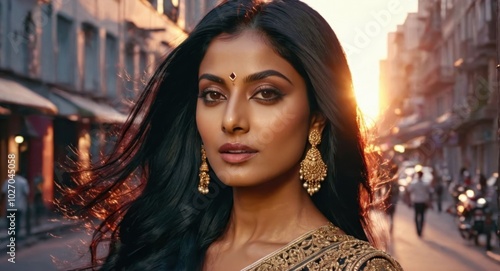 Glamorous portrait of a stunning Indian woman, long black hair, sunset in the city