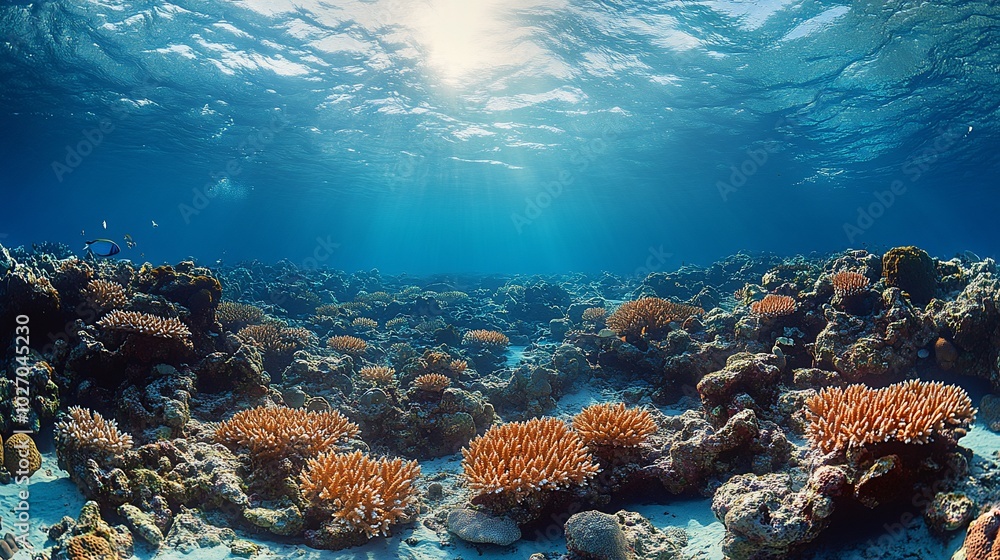 Naklejka premium A vibrant coral reef teeming with life, bathed in sunlight, showcasing the beauty and fragility of underwater ecosystems.