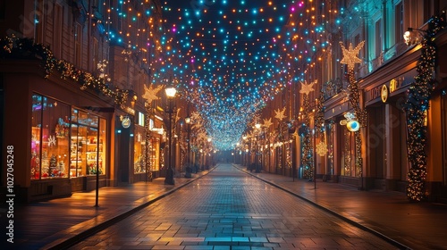 Festive city street illuminated with colorful Christmas lights, sparkling decorations on buildings, clean background--C100