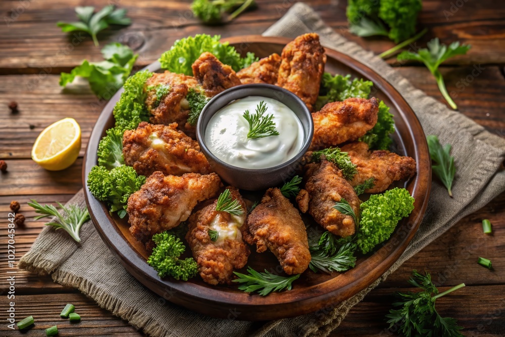 Succulent Fried Chicken Wings with Yogurt Sauce and Fresh Greens - Top View Culinary Delight Succulent Fried Chicken Wings with Yogurt Sauce and Fresh Greens - Top View Culinary Delight