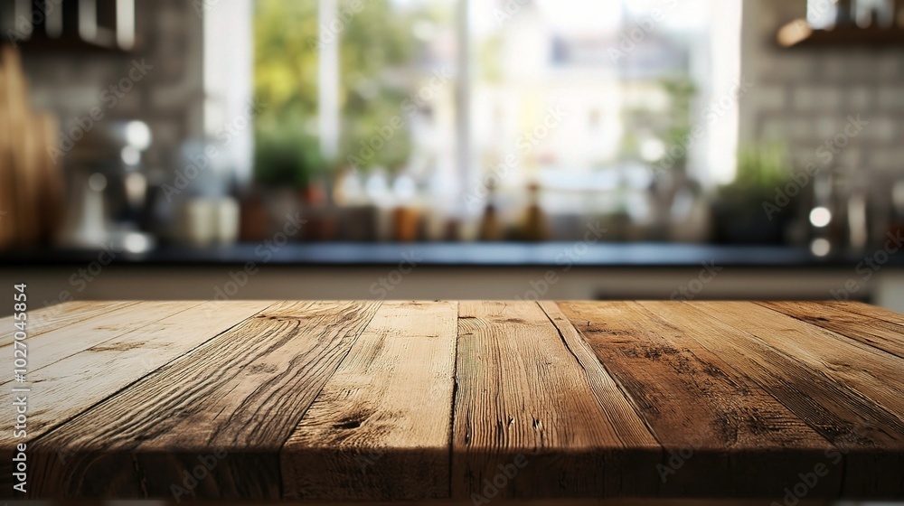 Rustic Wooden Table on Bright Kitchen Background Rustic Wooden Table on Bright Kitchen Background