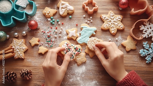 Hands decorating Christmas cookies with icing and sprinkles, festive cookie cutters and ingredients spread around on a wooden surface clean background--C100 photo