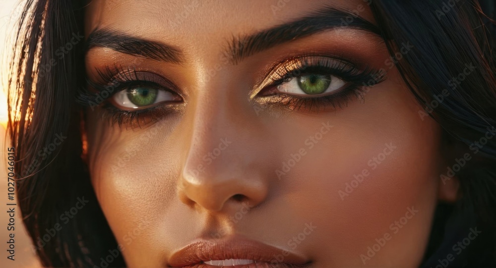 Close-up portrait of a stunning Middle Eastern woman, green eyes, flowing black hair Close-up portrait of a stunning Middle Eastern woman, green eyes, flowing black hair