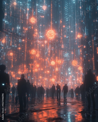 A crowd of people walk through a futuristic city street illuminated by glowing orbs.