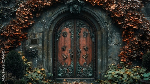 Ornate wooden double doors with intricate carvings, framed by ivy-covered stone walls.