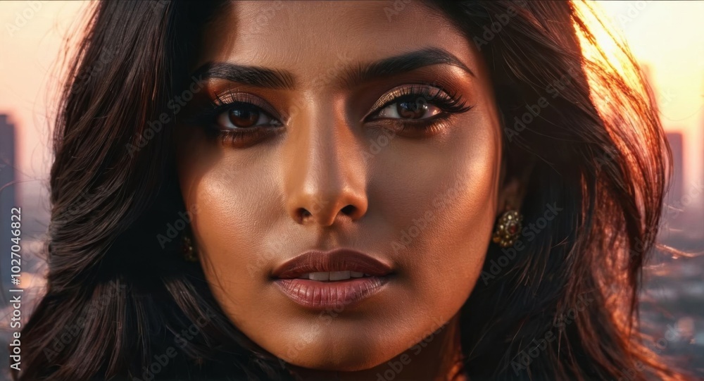 Close-up portrait of a beautiful Indian woman, dark hair, warm sunset, city skyline Close-up portrait of a beautiful Indian woman, dark hair, warm sunset, city skyline