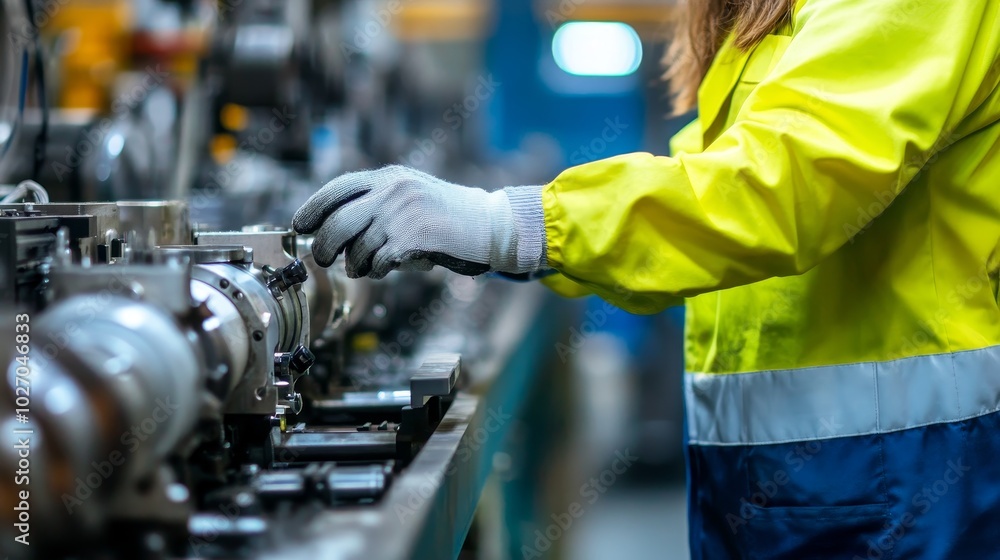 A worker in a safety jacket operates machinery in an industrial setting. A worker in a safety jacket operates machinery in an industrial setting.