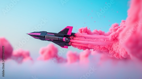 Fototapeta Naklejka Na Ścianę i Meble -  A sleek spaceship with pink accents hurtling through the vast expanse of space, leaving a trail of pink stardust in its wake.