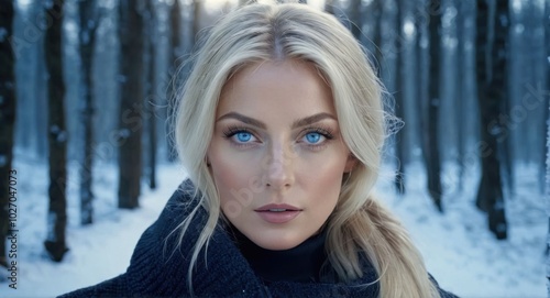 Hyperrealistic portrait of an elegant Scandinavian woman, blonde hair, blue eyes